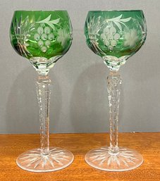 2 Hungary Cut To Clear Emerald Cased Glass Crystal Wine Goblet