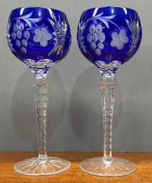 2 Hungary Cut To Clear Sapphire Cased Glass Crystal Wine Goblet