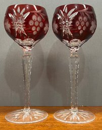 2 Hungary Cut To Clear Ruby Cased Glass Crystal Wine Goblet