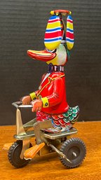 Vintage Metal Wind Up Duck On Tricycle Toy Made In China