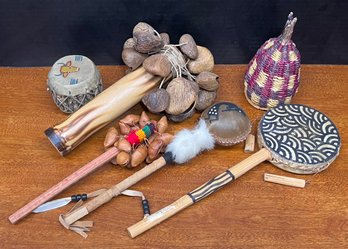 Lot Of Vintage Tribal Musical Instruments - Seed Pods, Wood, Small Drum, Rattles, And More