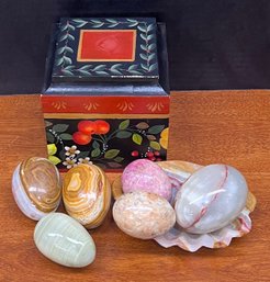 Tole Painted Wood Box, Alabaster Soap Dish, And 6 Hand Carved Alabaster And Stone Eggs