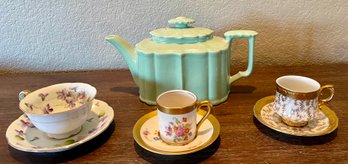 Mid Century Celadon Green Tea Pot And 3 Teacups And Saucers - Concorde - Japan - Royal Crown