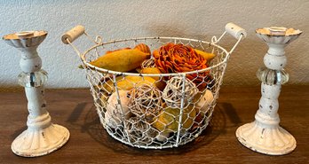 Vintage Wire Basket With Wood Handles And Metal And Glass Shabby Chic Candle Holders