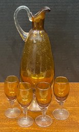 Enesco Imports Italia Amber Hand Blown Pitcher With 4 Miniature Glasses