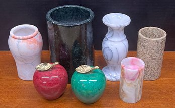 Lot Of Carved Alabaster And Stone Vases With Apples Brass Stems