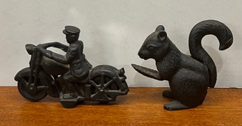 Vintage Cast Iron Squirrel Nut Cracker And Police Motorcycle