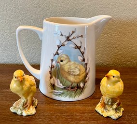 Darling Baby Chick Porcelain Pitcher With Two Baby Chick Figurines