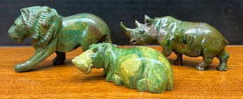 (3) Hand Carved Verdite Stone Animals - Lion, Hippo, And Rhino From Zimbabwe