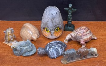 Hand Carved Stone Animal Lot - Elephants, Turtle, Owl, Jadeite Totem Pole, And More