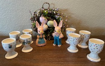 8 Vintage Porcelain Spring Egg Cups With Vintage Easter Bunny Figurines - Hanging Basket With Eggs