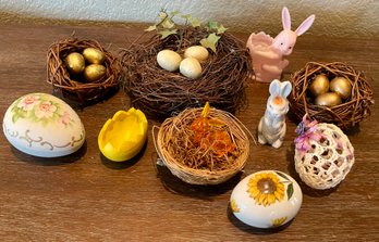 Vintage Easter Decor - Eggs In Nests - Porcelain Hand Painted Egg Trinket Dish - Plastic Egg Holder - Bunny