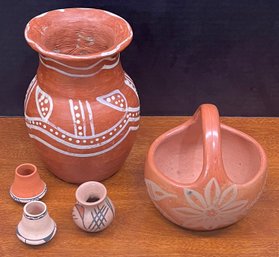 Vintage Pueblo Pottery - Marie Pacheco & Ramos Basket - Painted Pot & 3 Miniature Bowls Signed JW