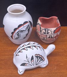 Vintage Southwestern Pottery - C. Gachupin Jemez N M - Hand Painted Turtle & Hand Painted Bowl