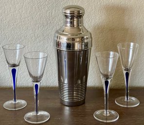 4 Crystal Orrefors Intermezzo Cordial Glasses Cobalt Blue Teardrop Stem & Stainless Steel Martini Shaker