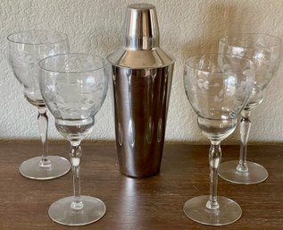Gorgeous Etched Floral Wine Glasses With Stainless Steel Martini Shaker