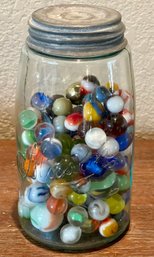 Antique Mason Jar W Zinc Lid Filled With Marbles - Blood Agate, Jadeite, Zebra, Cat's Eyes, Metal & More