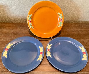 3 Coors Rosebud Orange And Cobalt Blue 9.25 Inch Dinner Plates