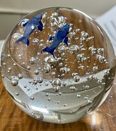 Vintage Hand Blown Art Glass Fish And Controlled Bubble 3' Paperweight