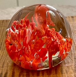 Vintage Hand Blown Art Glass Red Controlled Bubble 2.5' Paperweight