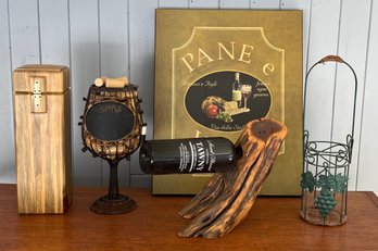 Wine Decor Lot - Wood And Metal Wine Boxes, Wooden Bottle Stand, Corks, And Wall Hanging