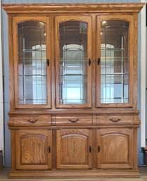 Vintage Oak Leaded Glass Front Lighted 2 Piece Cabinet