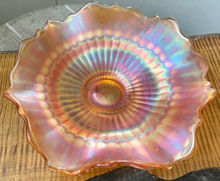 Gorgeous Vintage Northwood Iridescent Stippled Carnival Glass Ruffled Marigold Pleated 7' Bowl