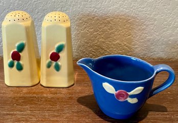 Vintage Coors Rosebud Yellow Salt & Pepper Shakers With Blue Handled Pitcher
