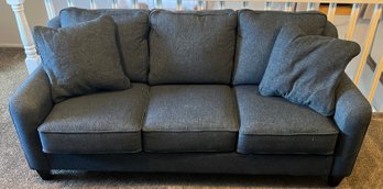 Lazy Boy 3 Cushion Blue Jean Couch With Nail Head Trim And Matching Pillows