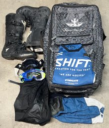 Fly Racing Motocross Bag With Shift Youth Large Shirt, (2) Pairs Of Pants, Tech 7 11.5 Boots, & More ( As Is )