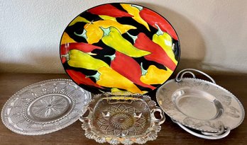 Clay Art Chili Pepper 15 Inch Serving Platter, Wrought Farberware Aluminum Tray - 2 Pressed Glass Trays