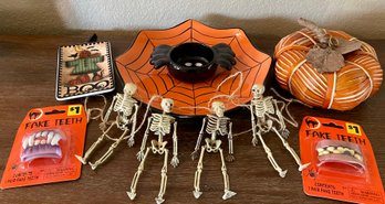 Vintage Halloween - Spider Dennis East Chip & Dip Tray,  Angela Anderson Plate, Grass Woven Pumpkin, Skeletons