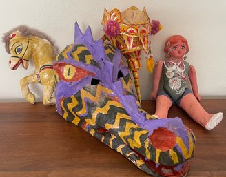 Vintage Mexico Paper Mache - Horse, Sarita Doll, Flower Cone, And Dragon