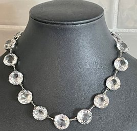 Art Deco Faceted Rock Crystal Sterling Silver Bezel 14' Necklace