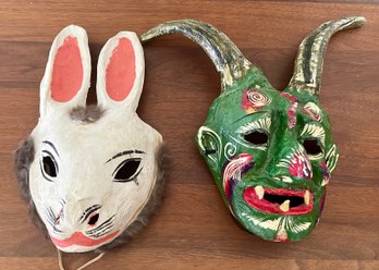 (2) Vintage Mexico Paper Mache Masks - Rabbit With Real Fur And Devil Diablo