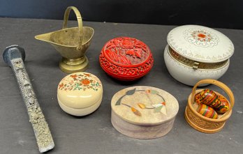 Lacquer Cinnabar Dish, Hand Painted Japan Dish, Satsuma, India Stone Inlay Dish, Otk Hand Carved Basket, Etc.