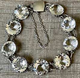 Art Deco Faceted Crystal Sterling Silver Bezel 7' Bracelet