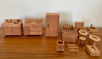 Mid Century Miniature Wood Doll House Furniture - Fridge, Stove, Sink, Bathroom Set With Wall Hangings