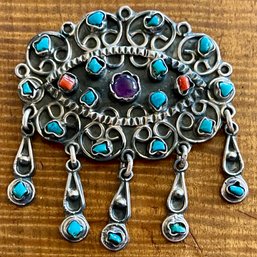 Vintage Taxco Sterling Silver Turquoise Coral Amethyst Matl Style Large Brooch Pendant Mexico - 22.9 Gms Total