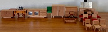 Mid Century Miniature Wood Doll House Furniture - Roll Top Desk, Cabinets, Credenza, Sewing Table, Chairs, Etc