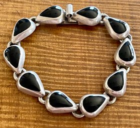 Vintage Taxco Mexico 925 Tear Drop Sterling Silver And Onyx Bracelet - 31.7 Grams Total