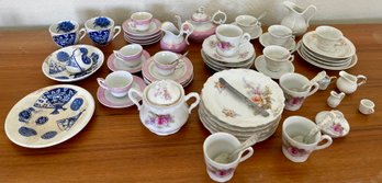 1870's Allerton Persia Tea Set Pieces (as Is), Pink Rim Tea Set, And Floral Tea Set, Tin Silverware