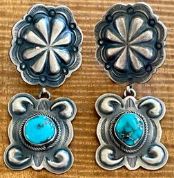 Pair Of Harry Morgan Navajo Sterling Silver And Turquoise Post Earrings - 16.5 Grams Total