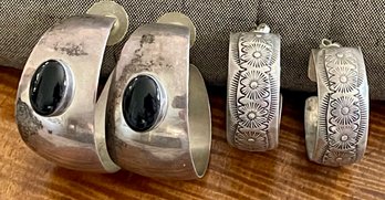 Navajo Alex Beeshligaii Stamped Sterling Silver Hoop Earrings, Sterling Silver And Onyx Hoop Earrings- 32.9 G