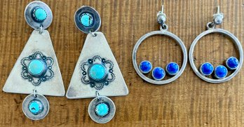 (2) Pairs Of Sterling Silver Southwest Turquoise And Lapis Earrings - 29.3 Grams Total