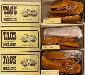 (3) Children Pairs Of Taos Indian Made Beaded Moccasins With Boxes Sizes 12, 1, And 3