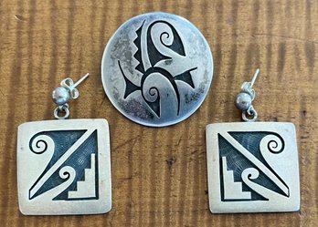 Signed Hopi Sterling Silver Overlay Pin Pendant And Hopi Sterling Silver Signed TLD Earrings -24.7 Grams Total