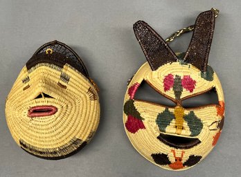 (2) Darien Panama Wounaan And Embera Indians Palm And Natural Fiber Hand Made Wall Hanging Masks