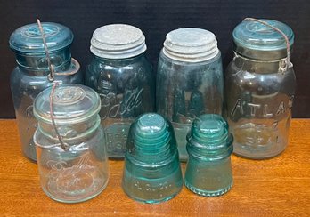 (5) Vintage Ball And Atlas Jars With Lids & 2 Glass Insulators