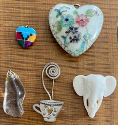 Vintage Pin Pendant Lot - Southwest Mosaic Stone Heart - Cloissone Heart - Quartz - Sterling Cup & Elephant